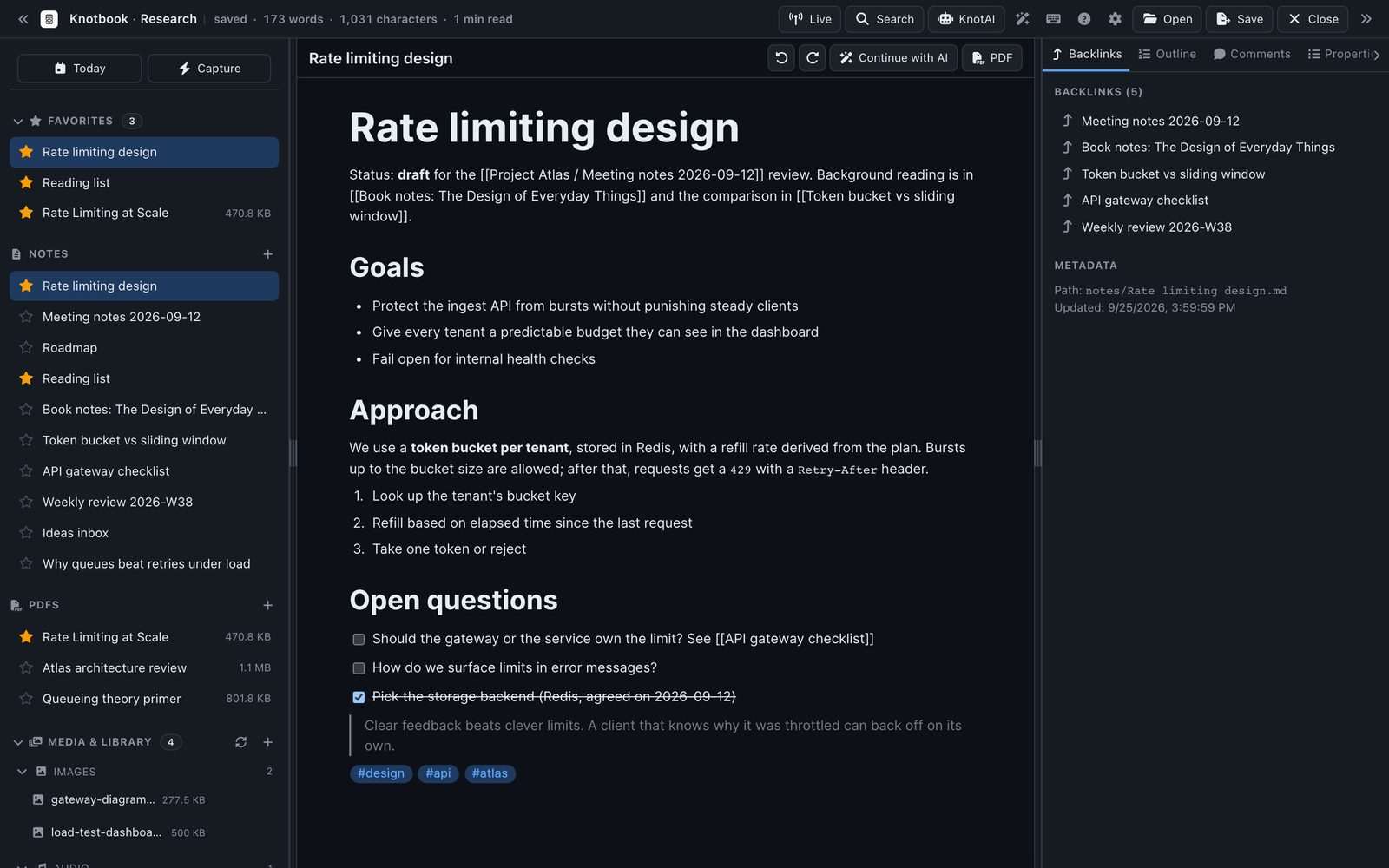 The Knotbook window: a list of notes on the left, a note with headings and links in the middle, and its backlinks on the right.