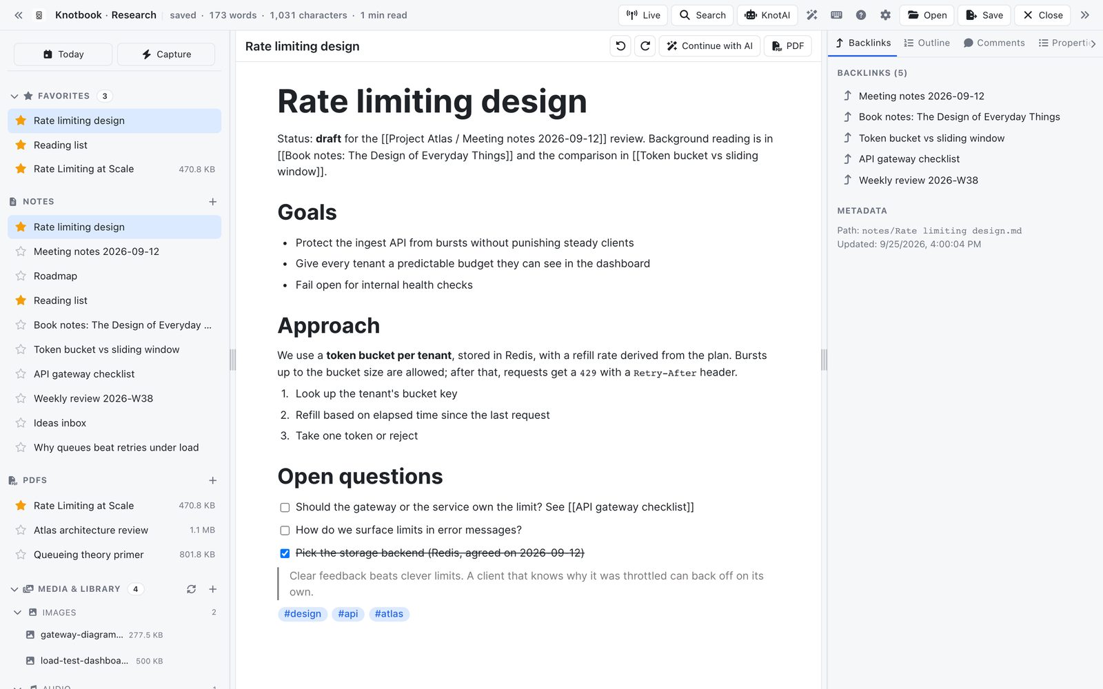 The Knotbook window: a list of notes on the left, a note with headings and links in the middle, and its backlinks on the right.